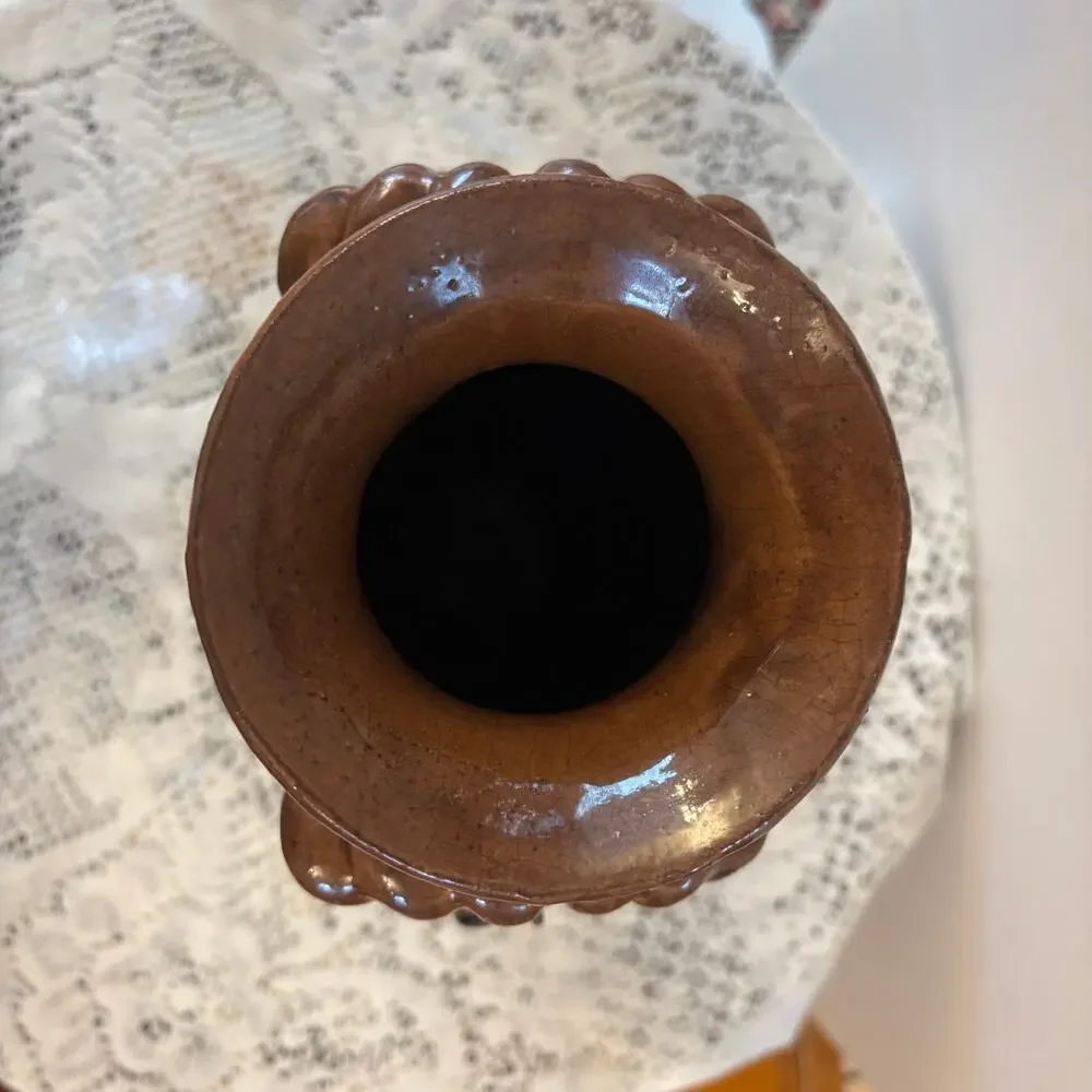 Vintage Hosley Ceramic Lion Head Vase Burnt Orange Brown High Gloss Finish